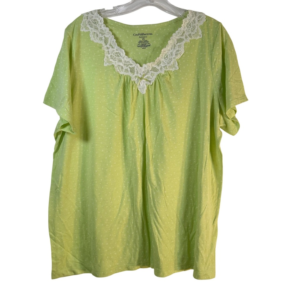 Croft & Barrow Intimates Lime Green Polka Dot Lace V-Neck Sleep Shirt 1X